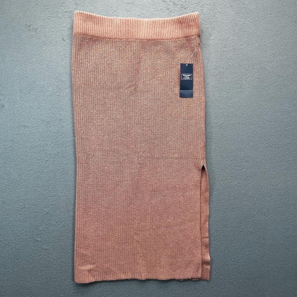 NWT Abercrombie women knit midi skirt ribbed brown‎ cotton blend XS slit hem